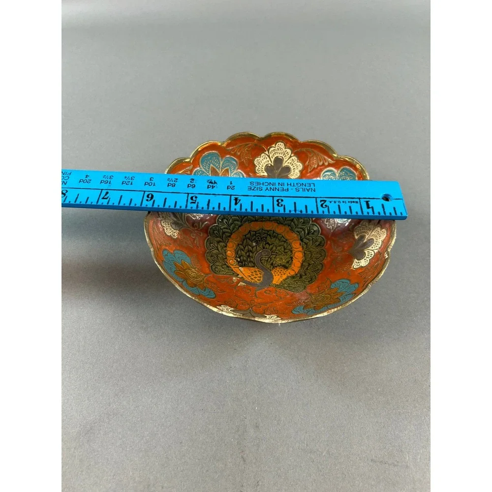 Vintage Brass Enamel Peacock Bowl Red Blue Scalloped Edge Decorative Dish 5 inch